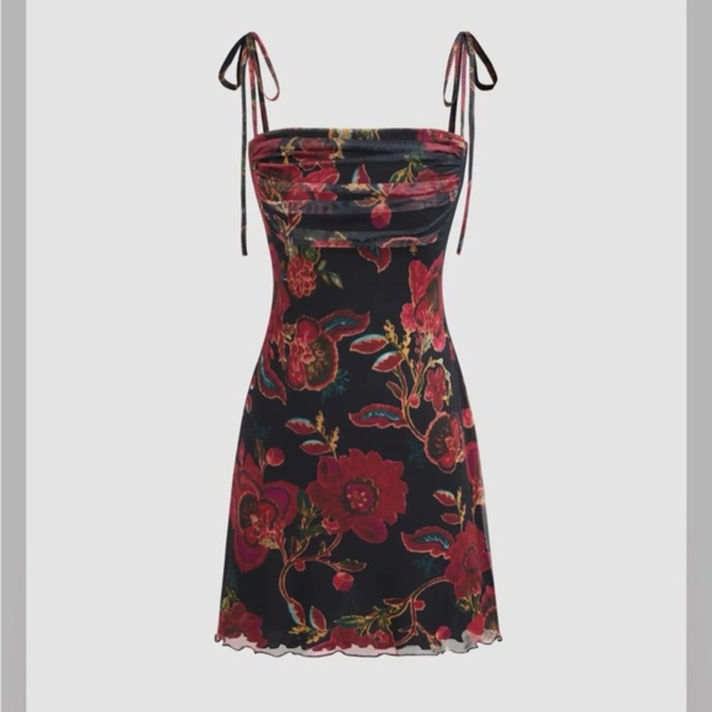 Cider SQUARE NECK FLORAL RUCHED MINI DRESS S CR27-7